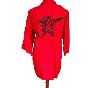 Vintage Womens Robe Size Large Red Embroidered Dragon Asian Oriental 90s Kimono